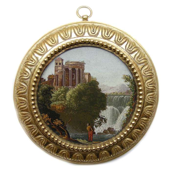 Early 19th century Italian round micromosaic plaque depicting the Temple of Vesta at Tivoli